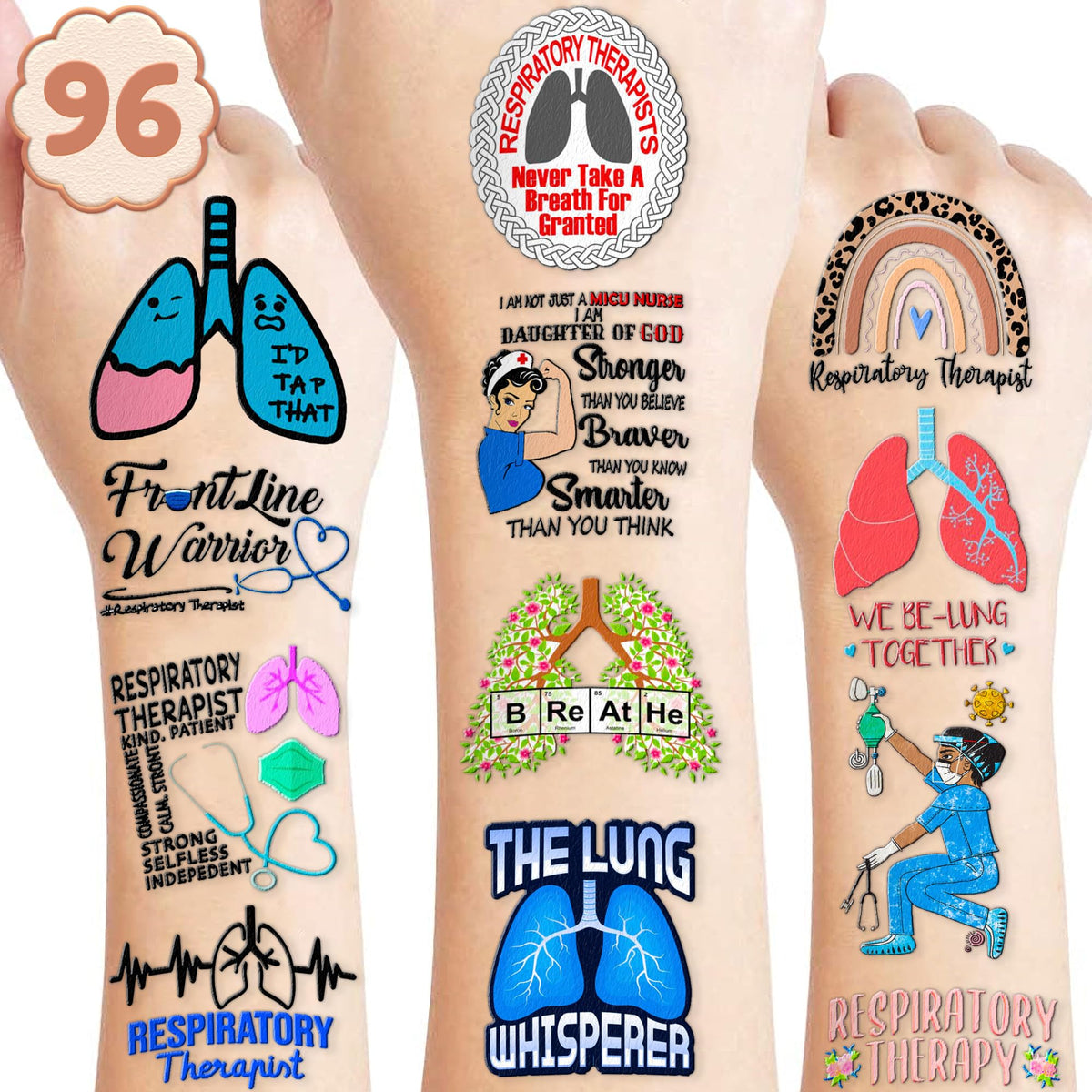 (96PCS) Best Respiratory Therapist Care Week Temporary Tattoos Birthday Themed Party Supplies Decorations Favors Cute Funny Lung Nerd Stickers Tattoo Gifts for Kids Girls Boys Women Decor Class Reward