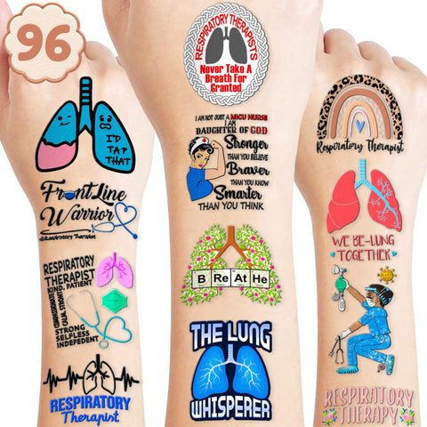 (96PCS) Best Respiratory Therapist Care Week Temporary Tattoos Birthday Themed Party Supplies Decorations Favors Cute Funny Lung Nerd Stickers Tattoo Gifts for Kids Girls Boys Women Decor Class Reward