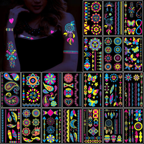 Generic 20 Sheets 160+ Styles Glow in The Dark Temporary Tattoos - Waterproof UV Neon Body & Face Stickers for Adults - Rave Festival Accessories & Party Supplies for Women Men