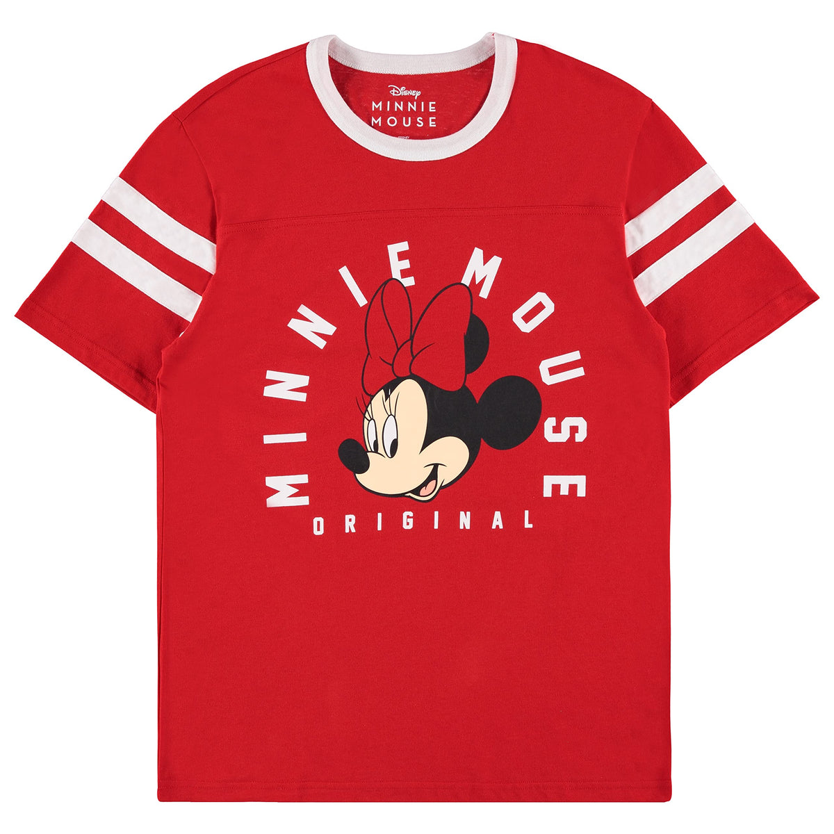 Disney Ladies Mickey & Minnie Mouse Shirt - Classic Mickey & Minnie Mouse Mickey & Minnie Varsity Stripe Sleeve Athletic Tee (Red, Large)
