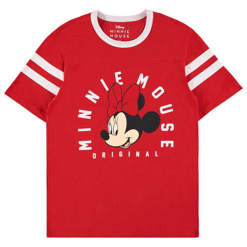 Disney Ladies Mickey & Minnie Mouse Shirt - Classic Mickey & Minnie Mouse Mickey & Minnie Varsity Stripe Sleeve Athletic Tee (Red, Large)