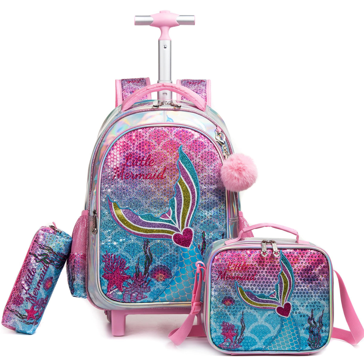 Oruiji Mermaid Rolling Backpack for Girls Cute Backpack with Wheels Girls Backpack with Lunch Box Set Kids Suitcase for Girls Travel Backpack for Kids School Supplies for Kids