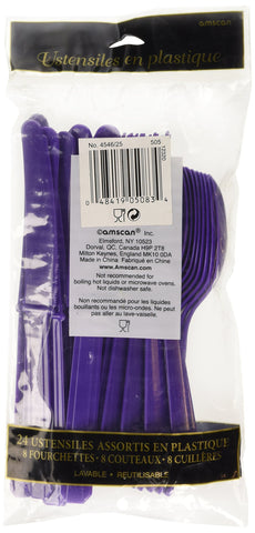Amscan Party Perfect Reusable Plastic Cutlery Set Tableware, Purple, Full Size, Pack of 24 Party Supplies