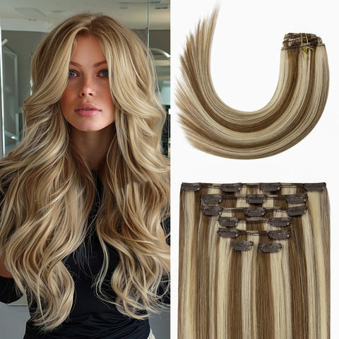 Aison Clip in Hair Extensions 70G Light Brown to Blonde Highlights 100% Remy Human Hair Extensions 7A Soft Silky Straight 7pcs 16clips Highlight Clip in Hair Extensions (12 Inch #6P613)