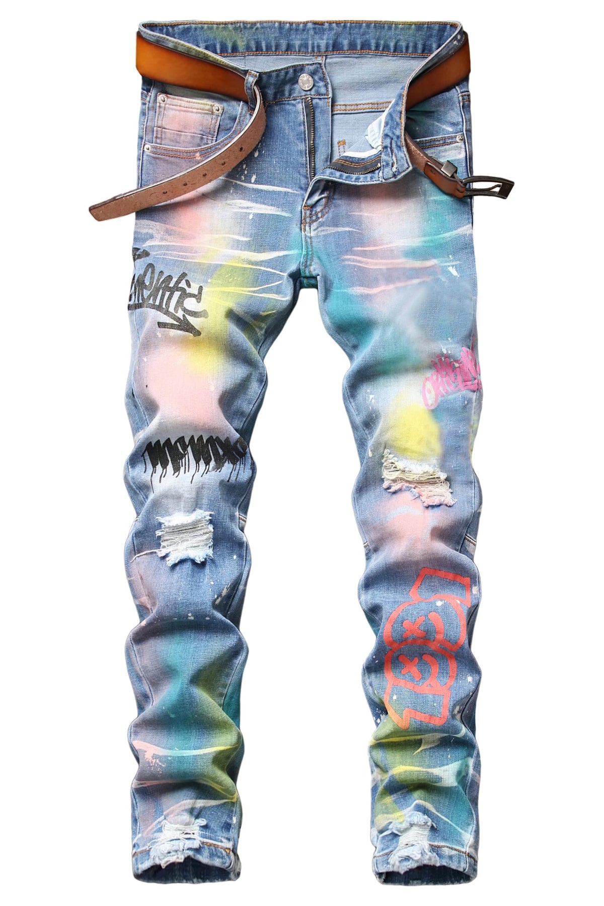 Men's Skinny Designer Printed Jeans Stylish Ripped Colorful Holes Patched Jeans,3029 Light Blue,Size 34