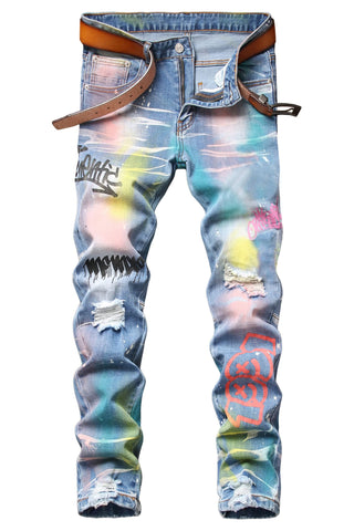 Men's Skinny Designer Printed Jeans Stylish Ripped Colorful Holes Patched Jeans,3029 Light Blue,Size 34