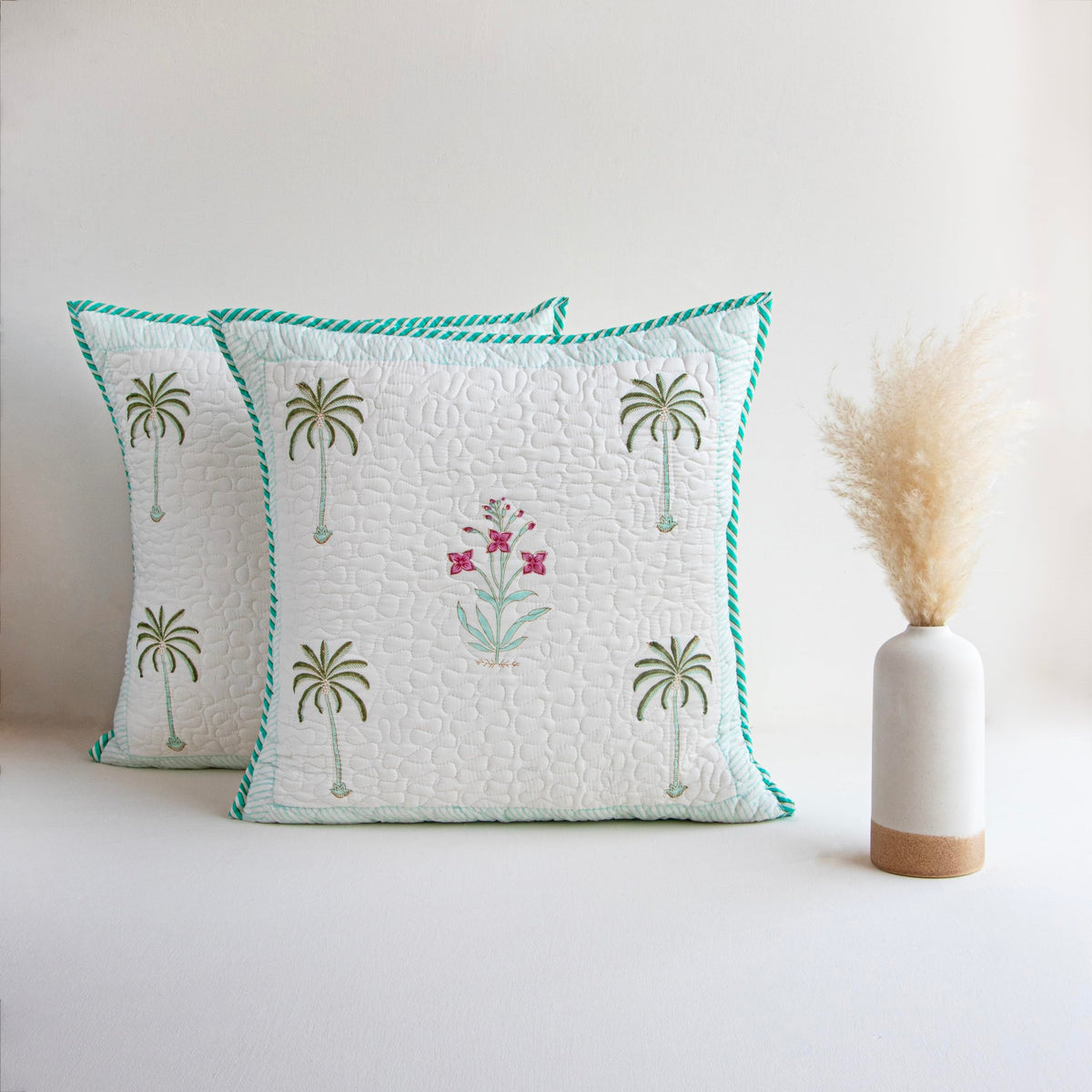 HOMEMONDE Premium Cotton Cushion Covers Set of 2 - Soft Floral Hand Block Print Living Room 24 x 24 Inch Pillow Cases, Green