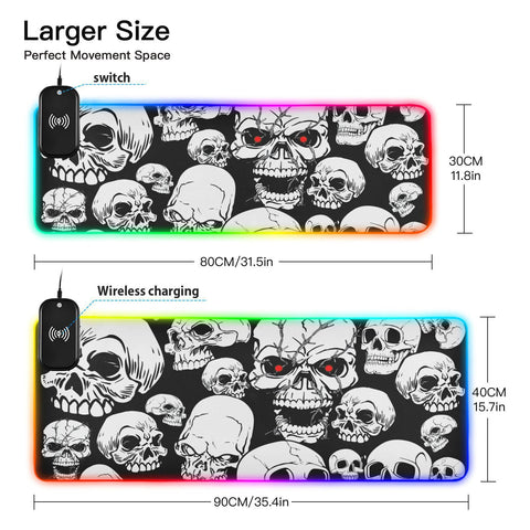 Horror Skull Wireless Charging Mouse Pad for Mobile Phone Extra Large Gaming Mousepad with 13 Lighting Modes Keyboard Mat for Office Home Gaming MacBook PC Laptop Desk