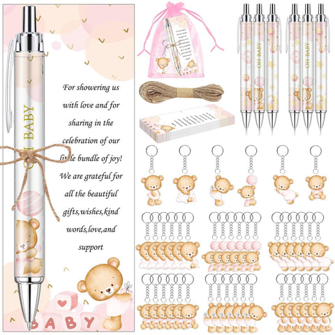 EYNDYN 145 Pieces Baby Shower Gifts for Guest Baby Shower Ballpoint Pens and Keychains Favors Bulk Retractable Baby Shower Pens Gender Reveal Greeting Cards Souvenirs Prizes (Pink Bear )