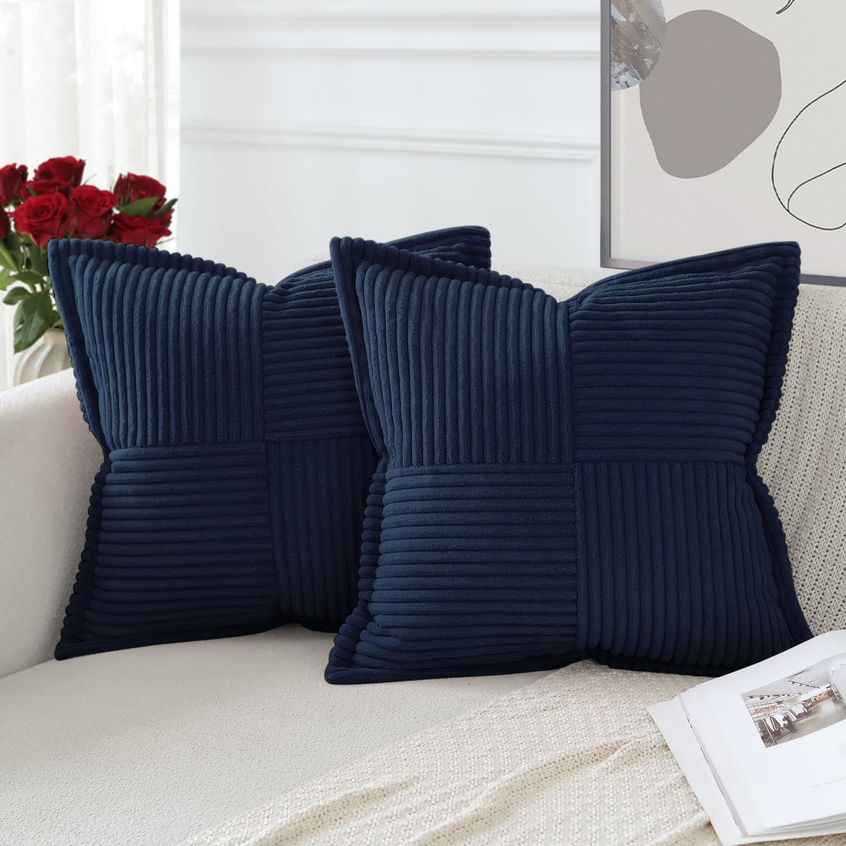 Artscope Corduroy Cushion Covers Pack of 2 Modern Patchwork Throw Pillow Covers Soft Pillowcase Broadside Decorative Textured Cushions for Home decor Sofa Bedroom Couch Navy Blue 60x60cm