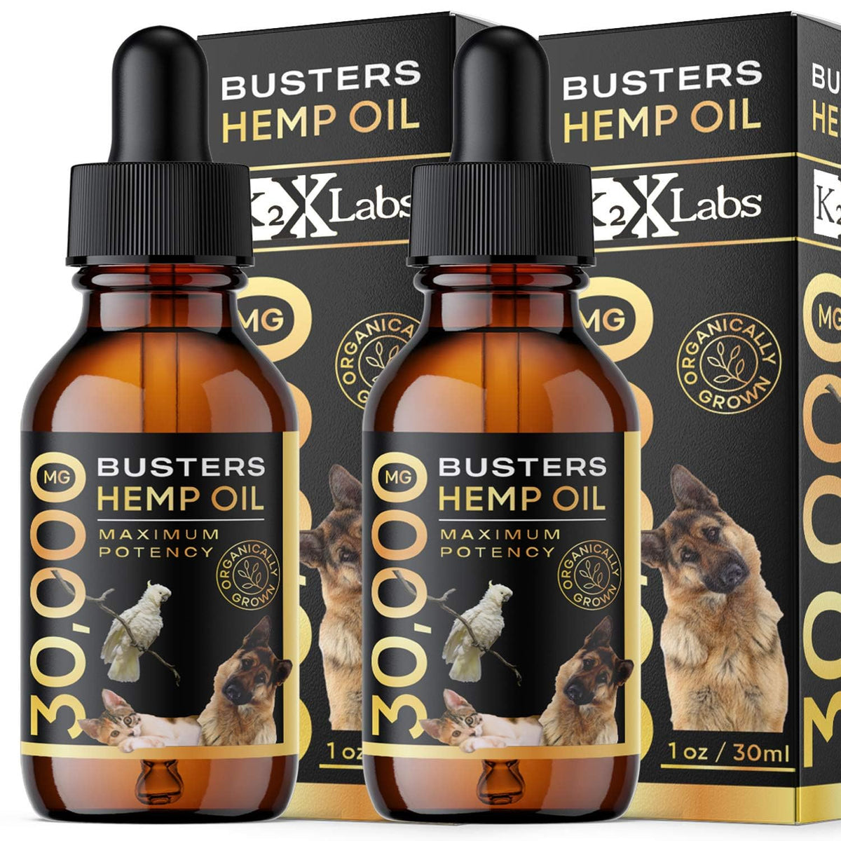 K2xLabs Busters Max Potency Organic Hemp Oil [2Pack, 2Months Supply] & Treats for Dogs & Cats - Perfect Ratio Omega 3 & 6 - Made in USA - Hip & Joint Health, Natural Relief, Calming