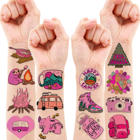 Camping Temporary Tattoos Pink Birthday Party Supplies Favors Decorations for Girls Theme Camp Glamping Smores Hiking Picnic Cute 96PCS Tattoos Stickers for Kids Boys Classroom Rewards Gifts Ideal