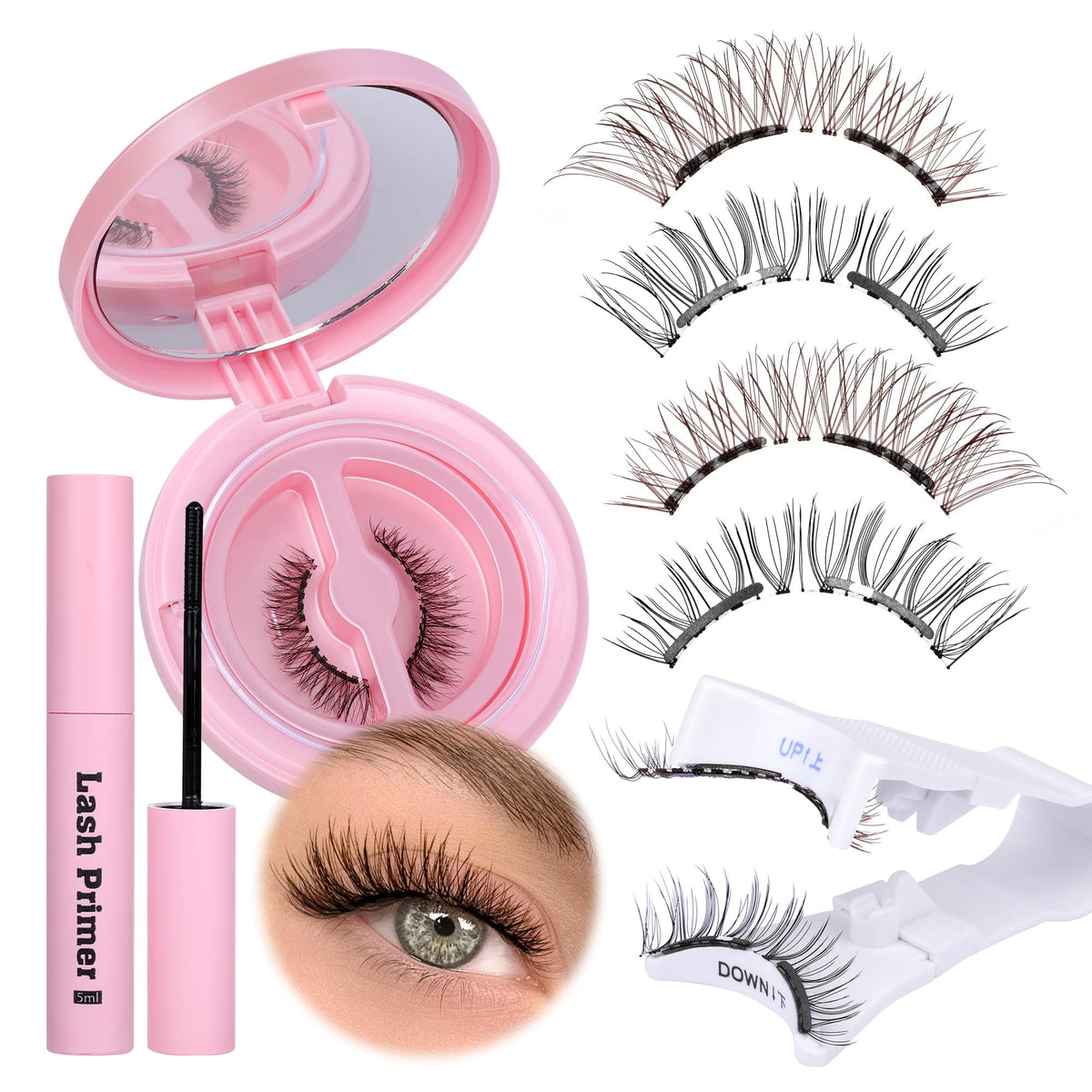 JIMIRE Magnetic Eyelashes Natural Look Soft Magnetic Lashes, Reusable Comfortable Magnetic Eyelashes with Applicator Lash Primer, No Glue No Eyeliner Needed Soft Magnets False Eyelashes Easy to Wear