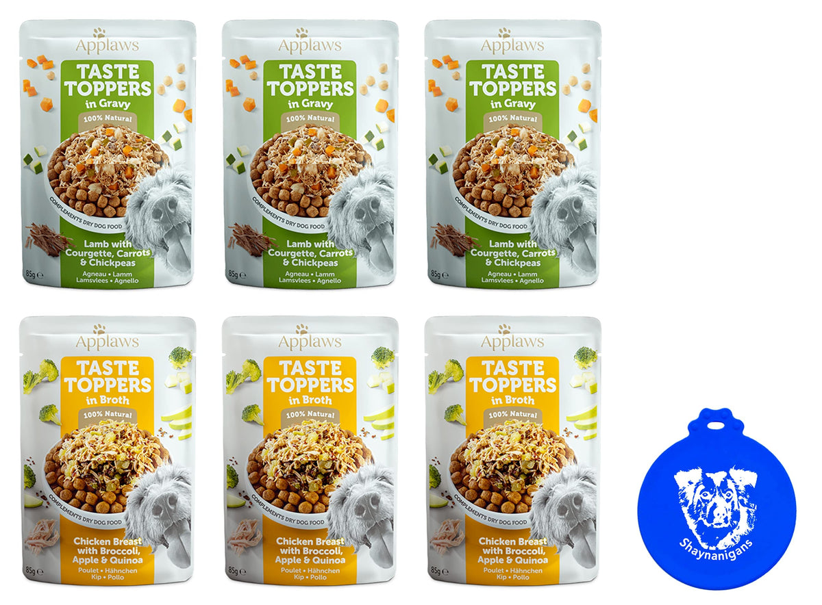 Applaws Taste Toppers Wet Dog Food Bundle: (3) Chicken Breast With Broccoli, Apple, Quinoa in Broth & (3) Lamb With Zucchini, Carrot & Chickpeas in Gravy (6 Pouches Total, 3 Oz Each) Plus Silicone Lid
