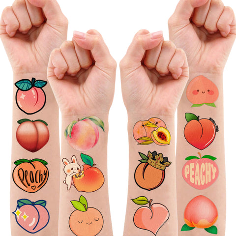 96PCS Fruit Peach Temporary Tattoos Stickers Themed First Birthday Party Decorations Favors Supplies Decor Cute Pink Cartoon Just Peachy Tattoo Sticker Gifts For Kids Boys Girls School Prizes Carnival