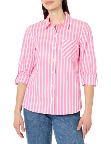 Nautica Women's Button Front Long Sleeve Roll Tab Shirt, Sangria Sunset/Bright White, Large