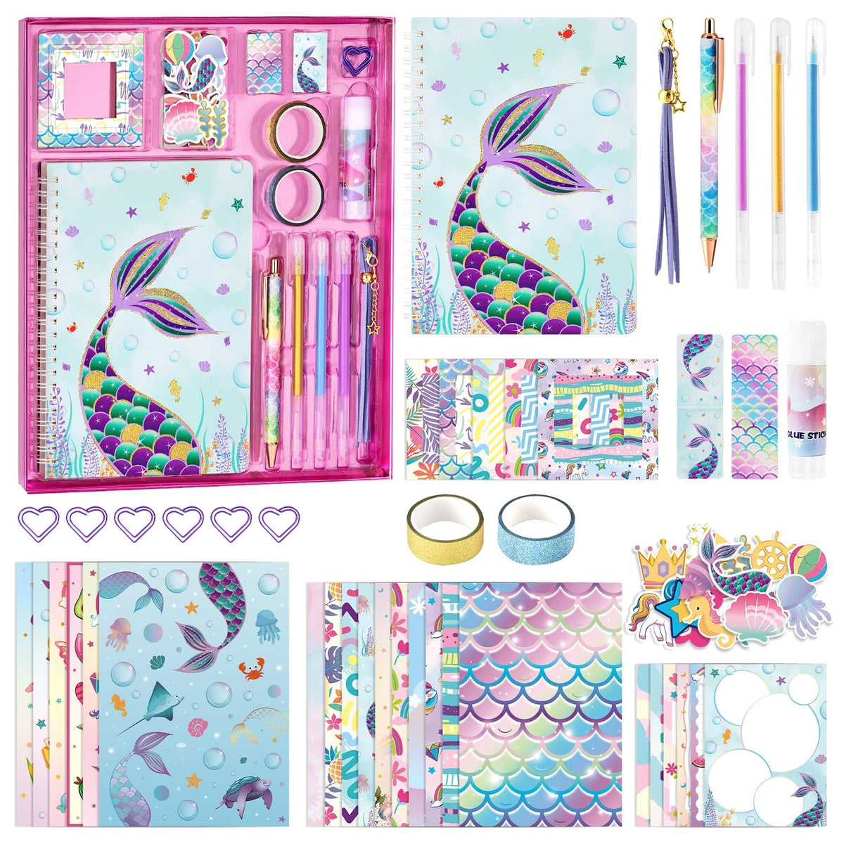 Mermaid Notebook Set Stationary Set - Girls Mermaid Diary Set Kids Diary Set A5 Spiral Notebook with Pen Stickers Mermaid Card Bookmarks Girls Mermaid Gift Kit School Supplies Girls Birthday Gift Box