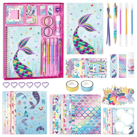 Mermaid Notebook Set Stationary Set - Girls Mermaid Diary Set Kids Diary Set A5 Spiral Notebook with Pen Stickers Mermaid Card Bookmarks Girls Mermaid Gift Kit School Supplies Girls Birthday Gift Box