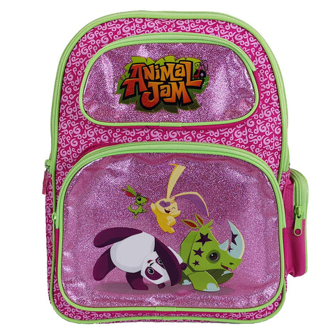 Animal Jam Junior Glitter Backpack Large Pink & Green Bag with Glitter Finish & Online Code - 35cm (H) x 26cm (W) x 9cm (D)