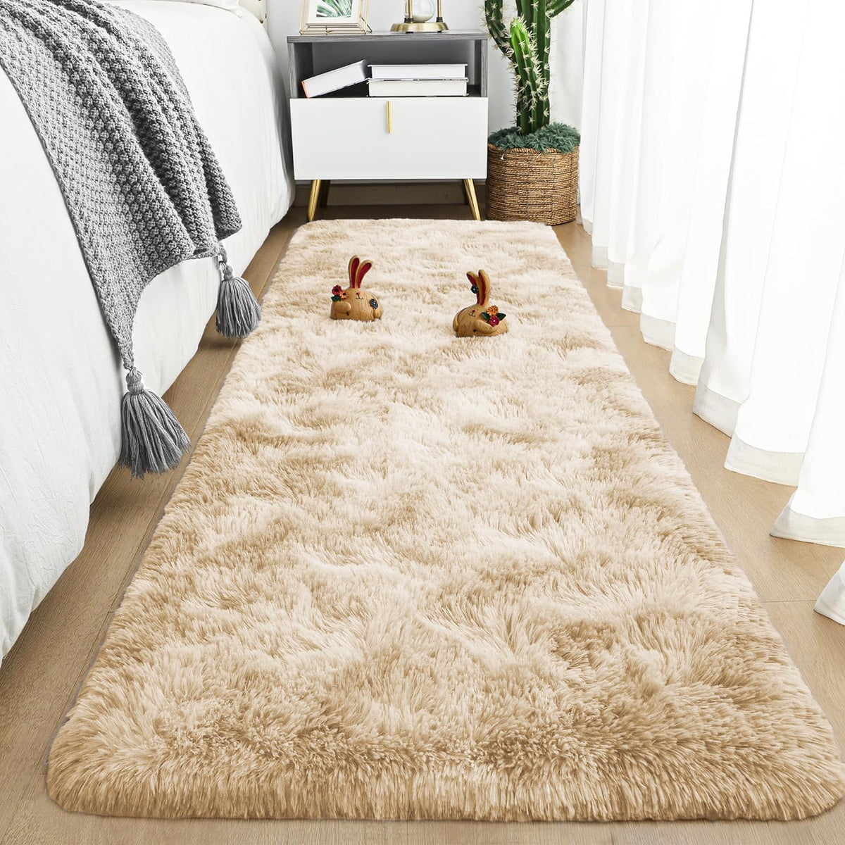 Aspire Homeware Rugs Living Room - Tie-Dye Cream Area Rugs for Bedroom, Hallway Runner Rug Anti Slip 60 x 220 cm - Modern Super Soft Plush Floor Carpets - Fluffy Shaggy Bedside Rug for Kids Room