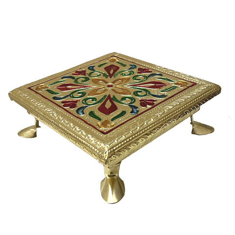 zig zag Wooden Minakari Pooja Chowki | Decorative Wooden Bajot | Flower Choki for Pooja at Home, Wedding, Festivals & Gifts, 6 Inch Golden