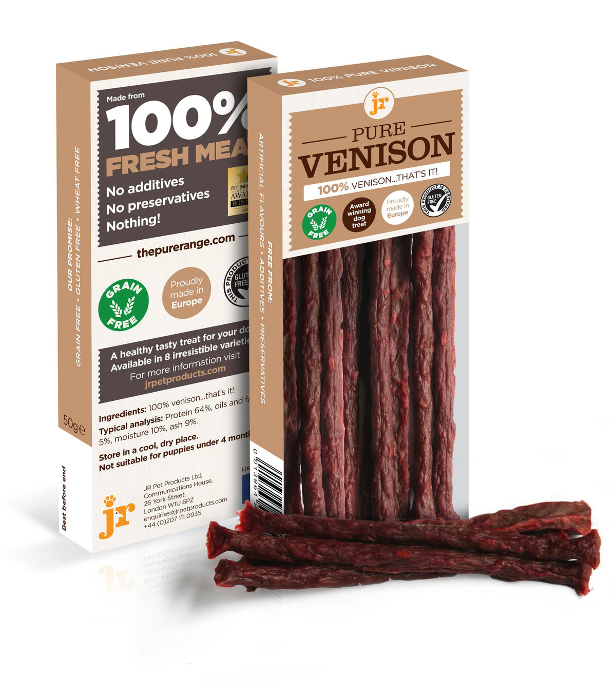 J R Pet Product's Pure Dried 100% Fresh Meat Dog Treat Gluten Free 5 x 50g - Venison