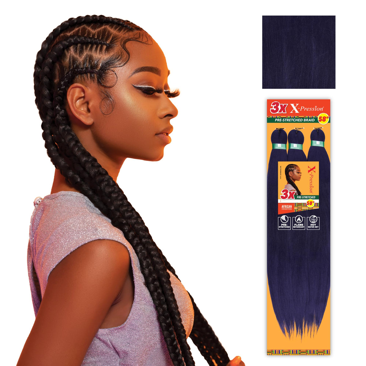 Sensationnel Xpression prestretched braiding hair - 3x xpression 58inch kanekalon fiber flame retardant smooth yaki braid - 3x x-pression 58 inch (1 pack, INDIGO)