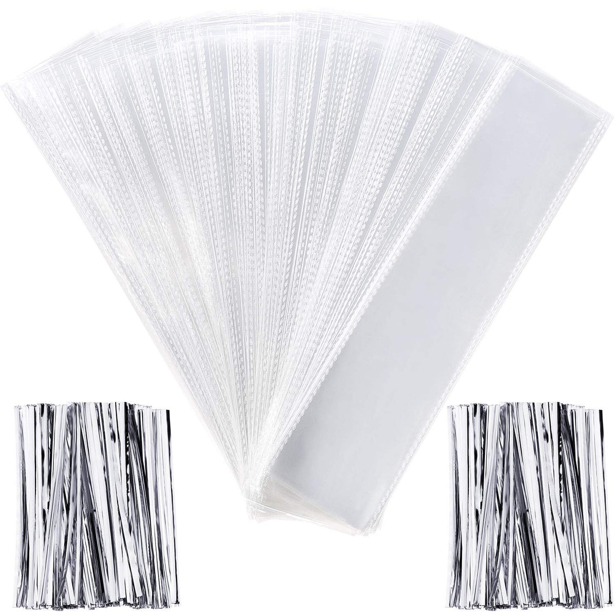 Pangda 200 Pieces Clear/Transparent Cello Bags Rectangle Plastic Treat Bags for Chocolate Candies Pretzel Cookies with 200 Pieces Twist Ties (Silver Ties)