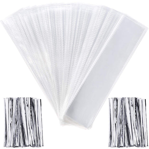 Pangda 200 Pieces Clear/Transparent Cello Bags Rectangle Plastic Treat Bags for Chocolate Candies Pretzel Cookies with 200 Pieces Twist Ties (Silver Ties)