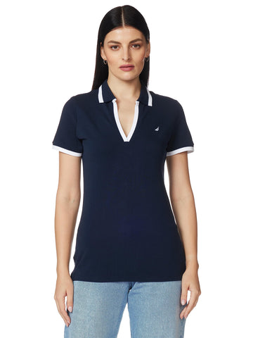 Nautica Women's Classic Fit Striped V-Neck Collar Stretch Cotton Polo Shirt, Indigo, Small