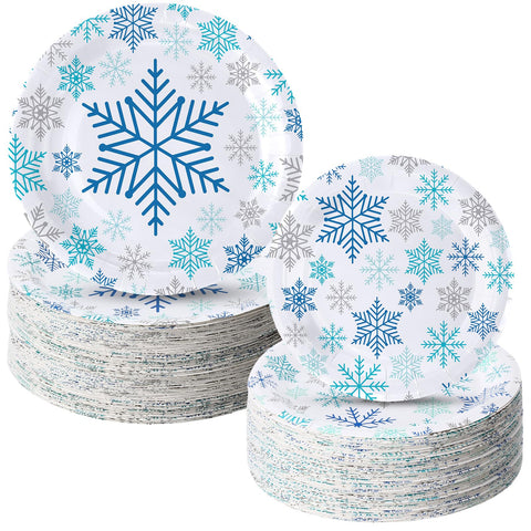 Yungyan 120Pcs Snowflake Paper Plates Christmas Party Plates Include 9 Inch Dinner Plates 7 Inch Dessert Plates Disposable for Wonderland Theme Xmas Winter Holiday Birthday Party (Blue Silver,Style A)