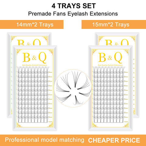 4 Trays Premade Fans Eyelash Extensions 5D-C-0.07-14+15 Short Stem B&Q Premade Volume Eyelash Extensions 0.07 0.10 Volume Lash Extensions C D curl 3D 4D 5D 6D Pre made Lash Fans (5D-C-0.07,14+15)