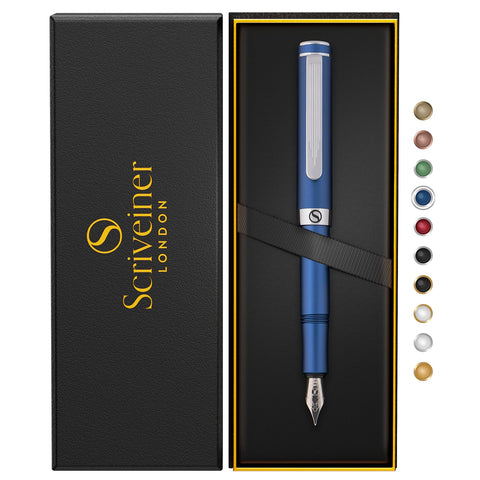 Scriveiner Luxury EDC Fountain Pen (Medium), Stunning Matt Blue Pocket Pen, Chrome Finish, Schmidt German Nib, Converter, Best Writing Pen Gift Set for Men & Women, Nice Fancy Office Designer Pen