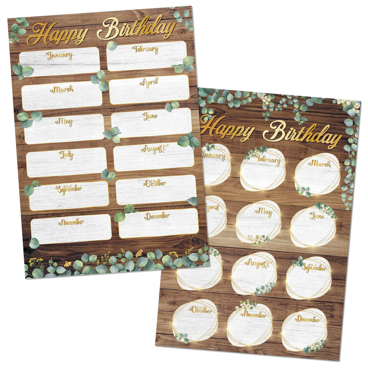 Spakon 2 Pcs Eucalyptus Happy Birthday Chart Birthday Poster for Classroom 17.5''x12.4'' Birthday Classroom Calendar Bulletin Board Classroom Decorations for Back to School Supply