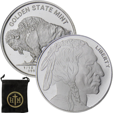 1/10 oz Buffalo Nickel Design .999 Fine Silver Round in Heavenly Metals Coin Pouch