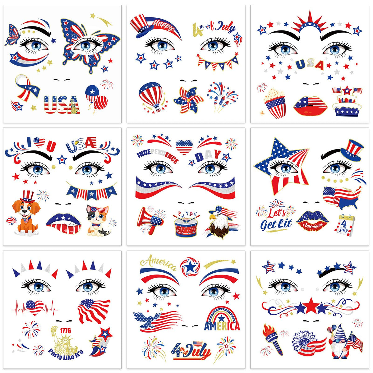 HOWAF 9 Sheets 4th of July Glitter Face Tattoos, Independence Day Face Art Temporary Tattoo for USA Patriotic Parades Celebrations, Red White Blue Face Tattoos Stickers for July Fourth Supplies
