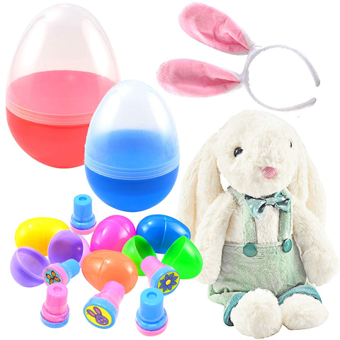 JOYIN Prefilled Jumbo Easter Egg Toy Set with Easter Plush Bunny, Bunny Ear Headband, 6 Easter Stampers and Different Sizes of Easter Eggs for Kids Easter Egg Hunt Filler Stuffer, Easter Party Favor