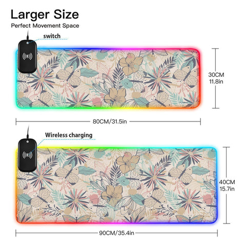Butterfly Flowers Wireless Charging Mouse Pad for Mobile Phone Extra Large Gaming Mousepad with 13 Lighting Modes Keyboard Mat for Gaming MacBook PC Laptop Desk Office Home