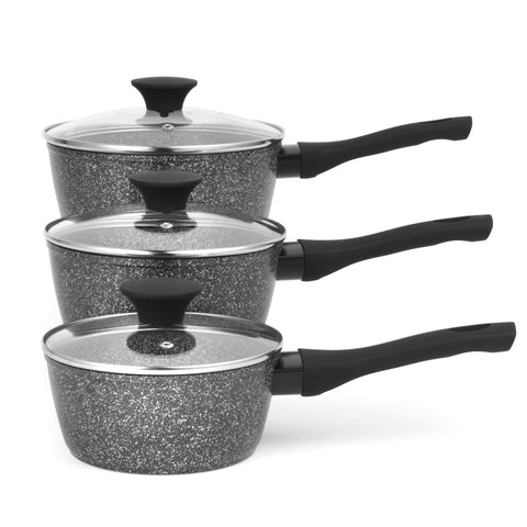 Salter BW05751S Megastone 3 Piece Pan Set - Non-Stick Cooking Pots, Induction Hob Suitable, 16/18/20 cm Saucepans, Durable Forged Aluminium Cookware, Includes Tempered Glass Lids, Dishwasher Safe