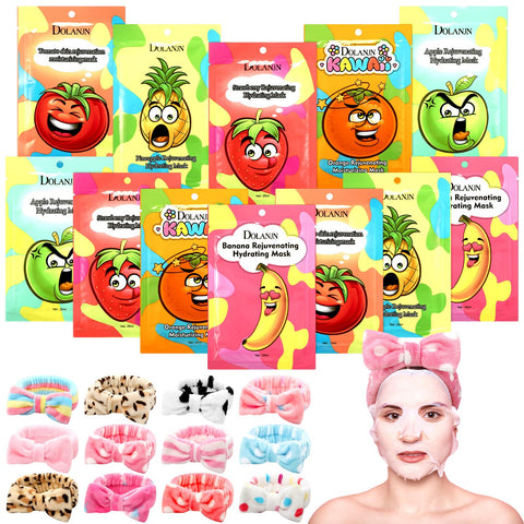 Dunzy 24 Pcs Face Mask Fruit Skin Care Mask Set with Spa Headband Bow Teens Skin Care Girls Women Nightime Summer Skin Care Party Stockings Holiday Gifts Skin Care Products (Fresh)