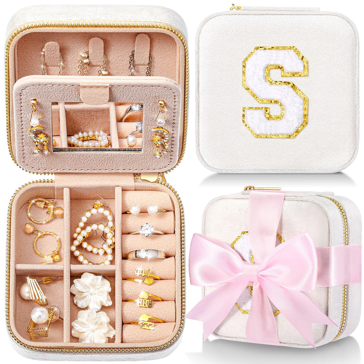 Loetere Velvet Travel Jewelry Boxes Case Organizer for Women Mother Bridesmaid Bachelorette Party Personalized Gift (White,Letter S)