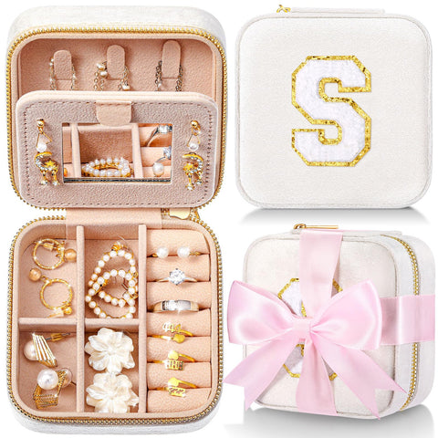 Loetere Velvet Travel Jewelry Boxes Case Organizer for Women Mother Bridesmaid Bachelorette Party Personalized Gift (White,Letter S)