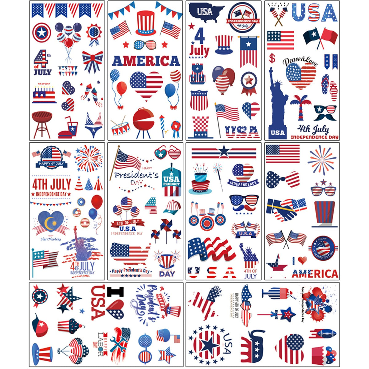 Fourth of July Temporary Tattoo Set Patriotic Decorations Tattoos 10 sheets for Kids and Adults, Red White and Blue American Flag USA Party Supplies 4th of July Memorial Independence Day