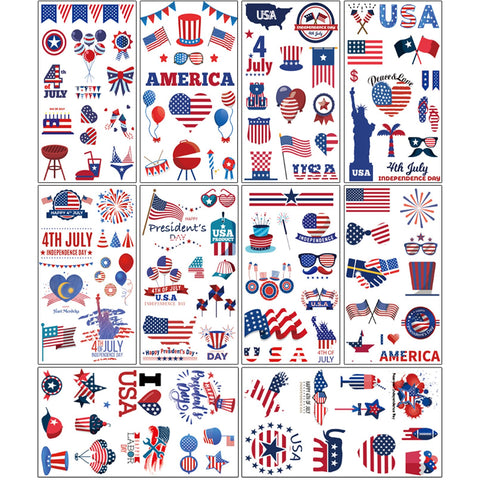 Fourth of July Temporary Tattoo Set Patriotic Decorations Tattoos 10 sheets for Kids and Adults, Red White and Blue American Flag USA Party Supplies 4th of July Memorial Independence Day
