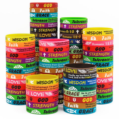 NAHRMY Faith Bible Verses Rubber Bracelets, 70 pcs Christian Religious Silicone Wristbands Inspirational Rubber Bracelet for Men Women Teenage Party Favors Church Gifts