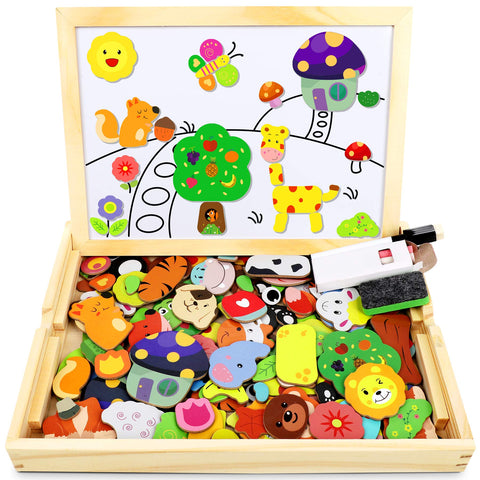 Jojoin Wooden Magnetic Puzzle - 110 PCS Magnetic Puzzle Board, Animal Pattern Games Double Sided Jigsaw, Educational Drawing Easel Blackboard Wood Toys for Boys Girls Kids Toddler 3+ Year Olds