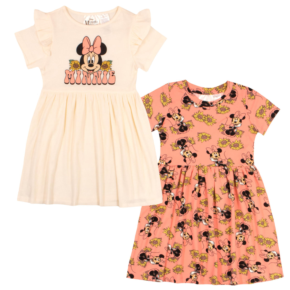 Disney Girls Minnie Mouse and Lilo & Stitch Casual Dresses 2 Pack Super Soft Dress Minnie Mouse and Lilo & Stitch Girls Dresses Minnie Mouse and Lilo & Stitch Kids Dress (Beige and Peach Size 4)