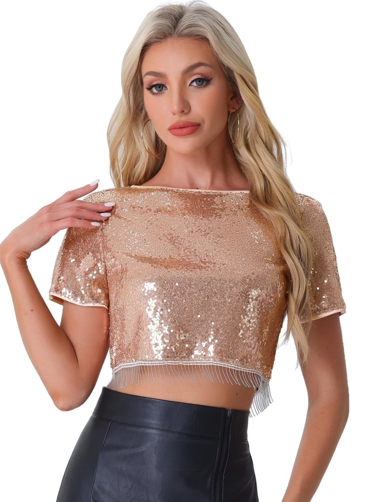 Allegra K Sequin Tops for Women Christmas Costumes Glitter Short Sleeve Cropped Round Neck Tassel Cocktail Party Dressy Blouses Sparkly Top Rose Gold L