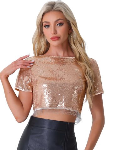 Allegra K Sequin Tops for Women Christmas Costumes Glitter Short Sleeve Cropped Round Neck Tassel Cocktail Party Dressy Blouses Sparkly Top Rose Gold L