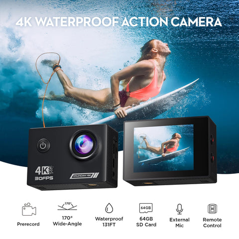 Yolansin 4K30FPS Action Camera with 64GB SD Card, Pre-recording 20MP Underwater Camera, 131FT Waterproof Cameras,2.4G Remote Control 170Ã‚Â°Sports Camera, 2 Batteries Helmet Accessories Kit
